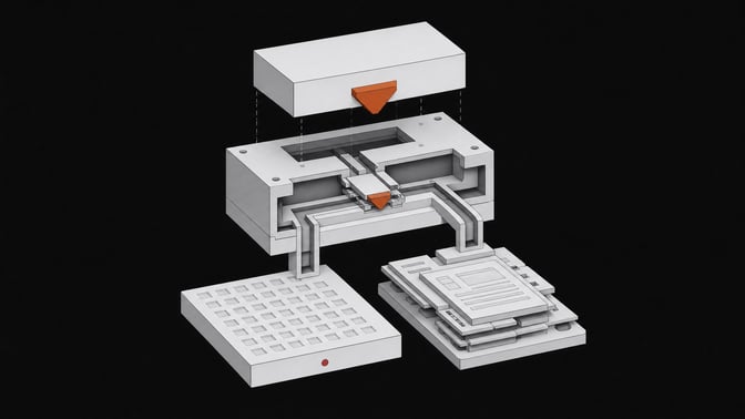 An exploded isometric view of a routing manifold using a specific protruding wedge on an incoming block to select a simplified output path, representing HTTP content negotiation.