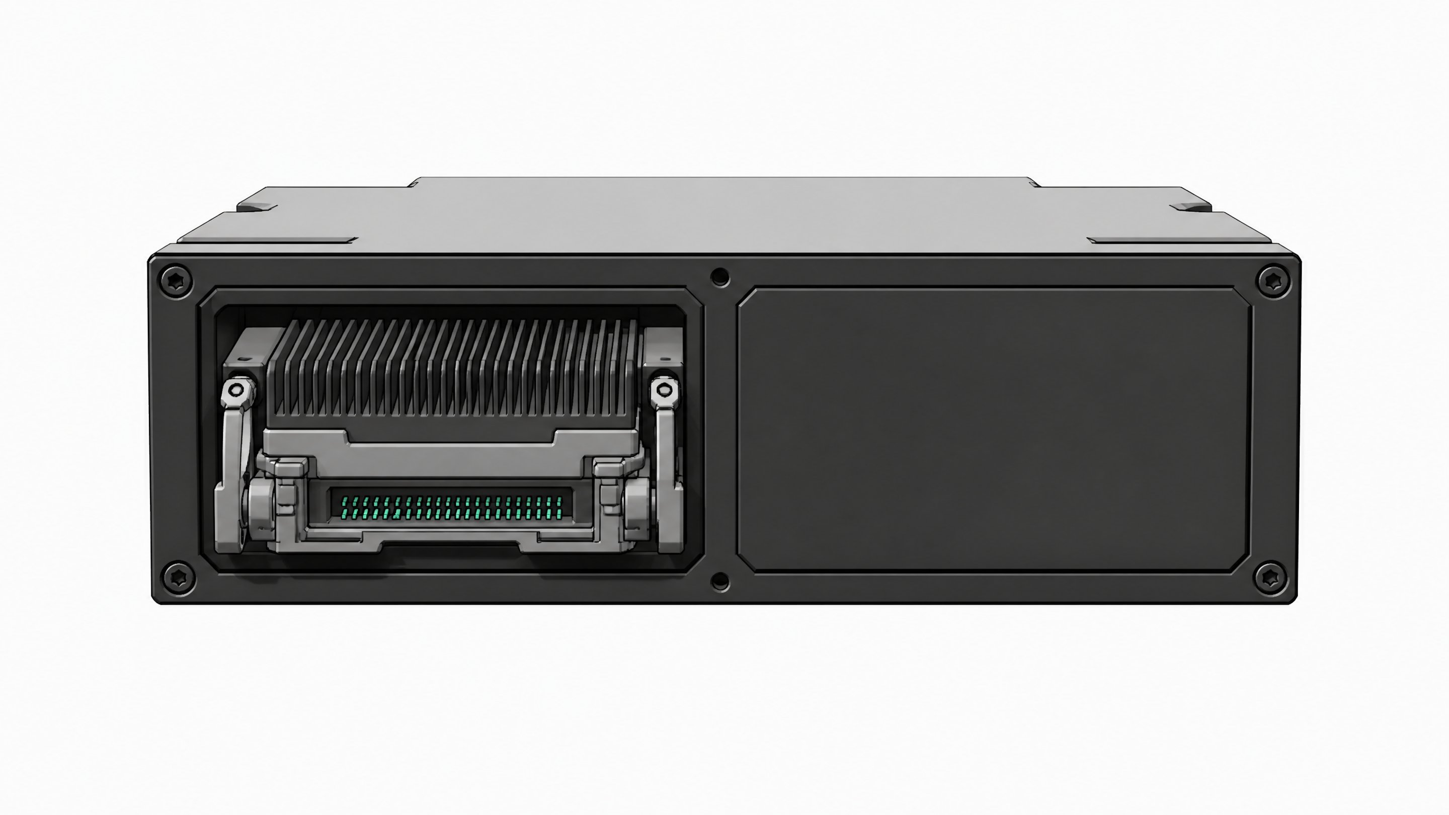 A dual-slot hardware module where one bay contains a complex, active data cartridge representing an available API model, while the second bay is sealed by a featureless blank plate representing an unreleased product.