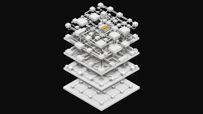 A multi-layered topological model of a software stack, showing a simple foundation expanding vertically into a dense, over-engineered architecture representing feature bloat.