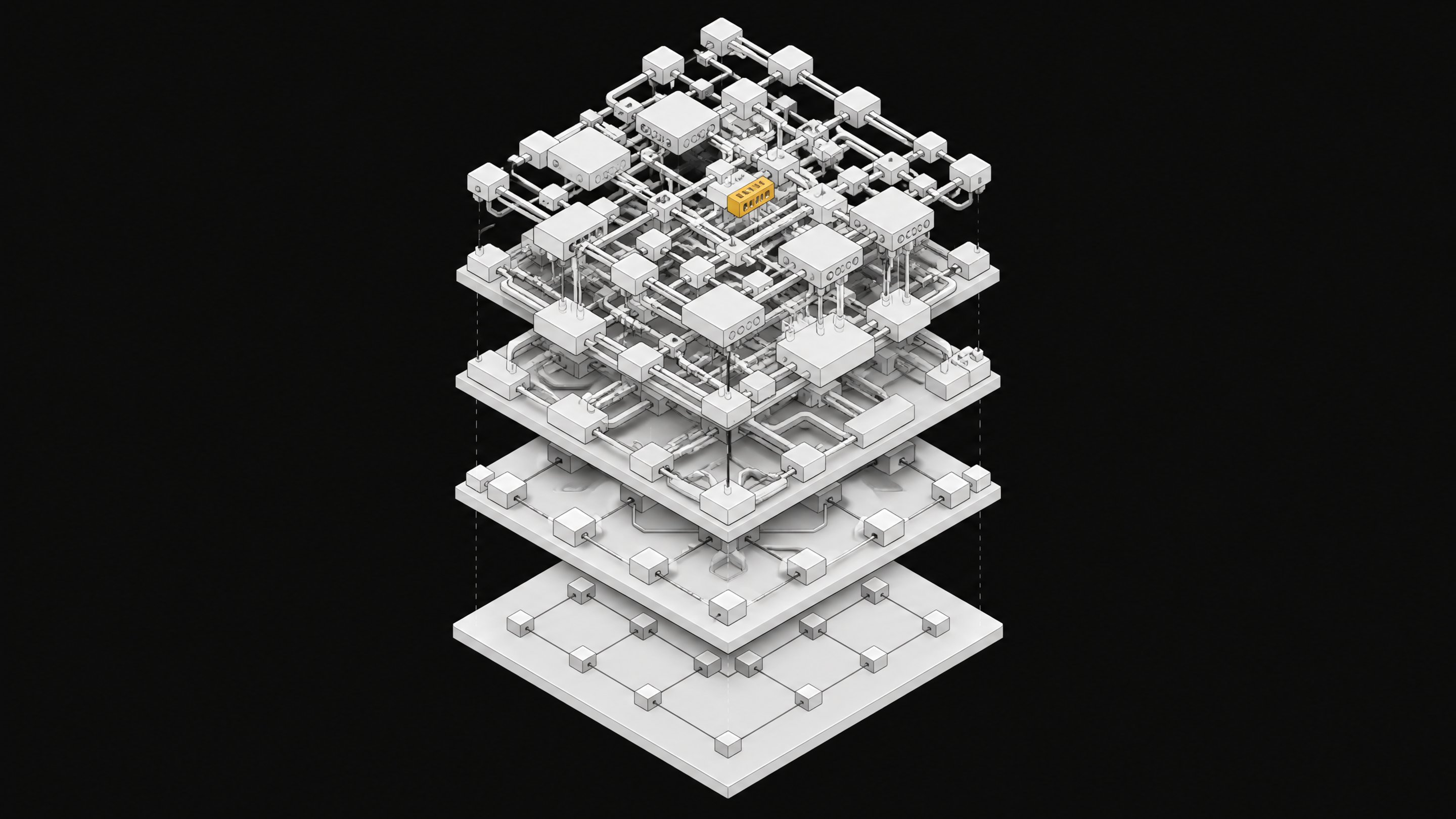 A multi-layered topological model of a software stack, showing a simple foundation expanding vertically into a dense, over-engineered architecture representing feature bloat.