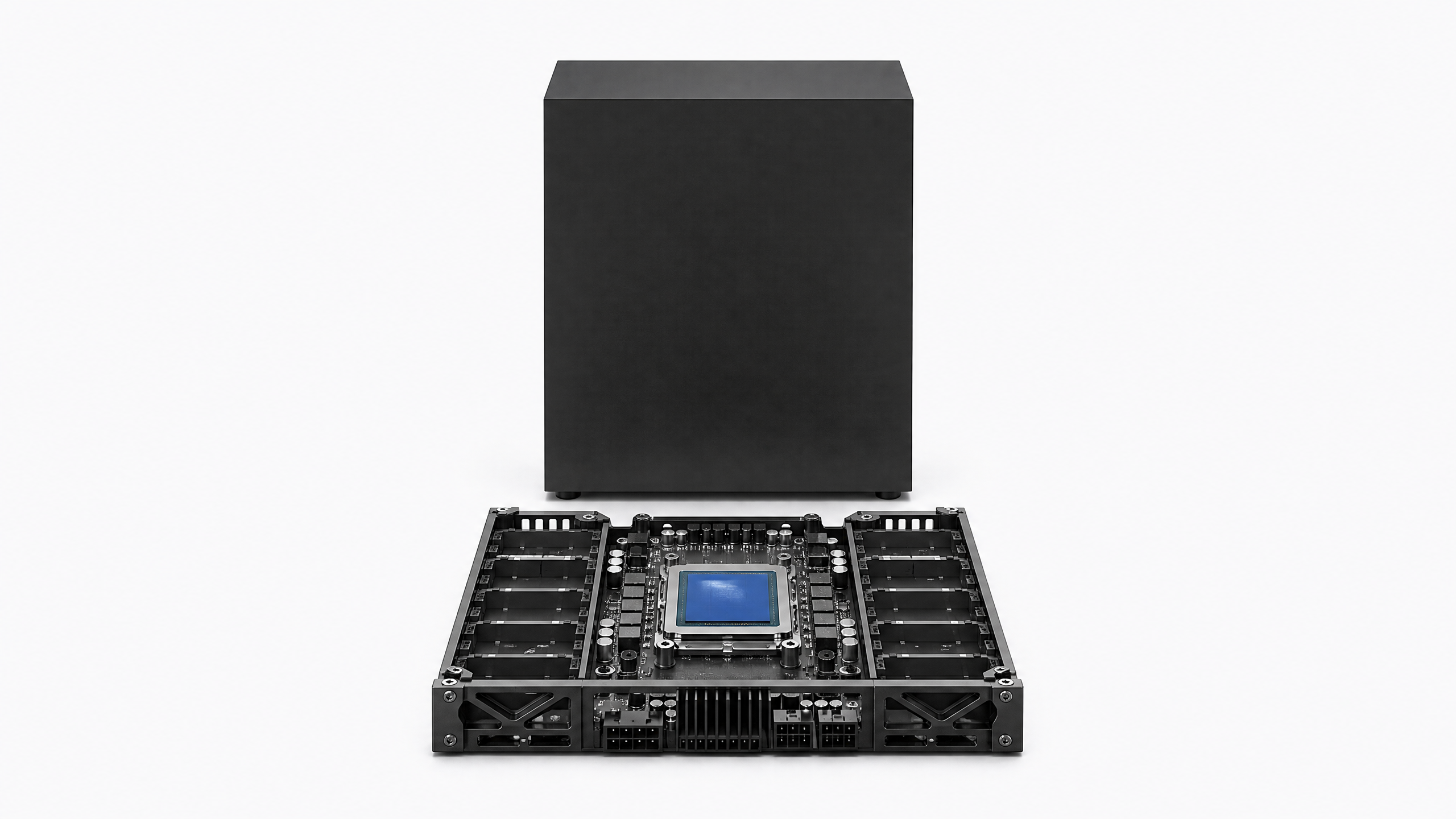 A massive, sealed server casing contrasts with a compact, completely exposed modular logic board representing local AI inference.