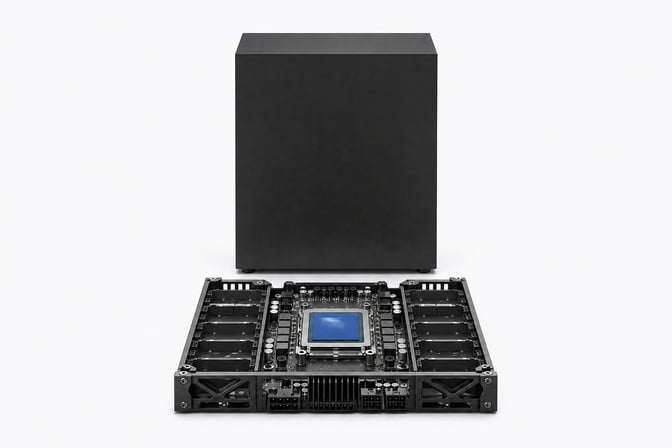 A massive, sealed server casing contrasts with a compact, completely exposed modular logic board representing local AI inference.