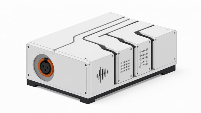 A precision-machined telephony hardware module with a prominent audio input socket and three slotted processing cartridges representing a custom voice agent pipeline.