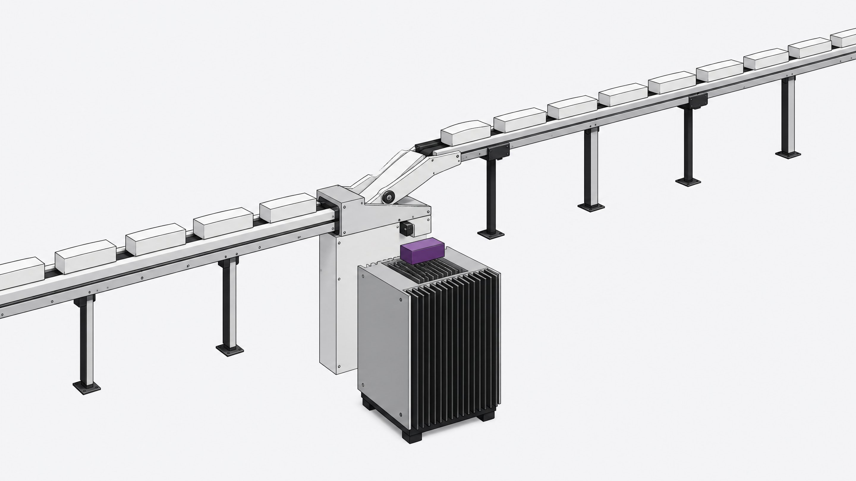 A mechanical routing junction directing solid blank blocks either directly into a local finned processing enclosure or onto a long, elevated transit rail for external processing.