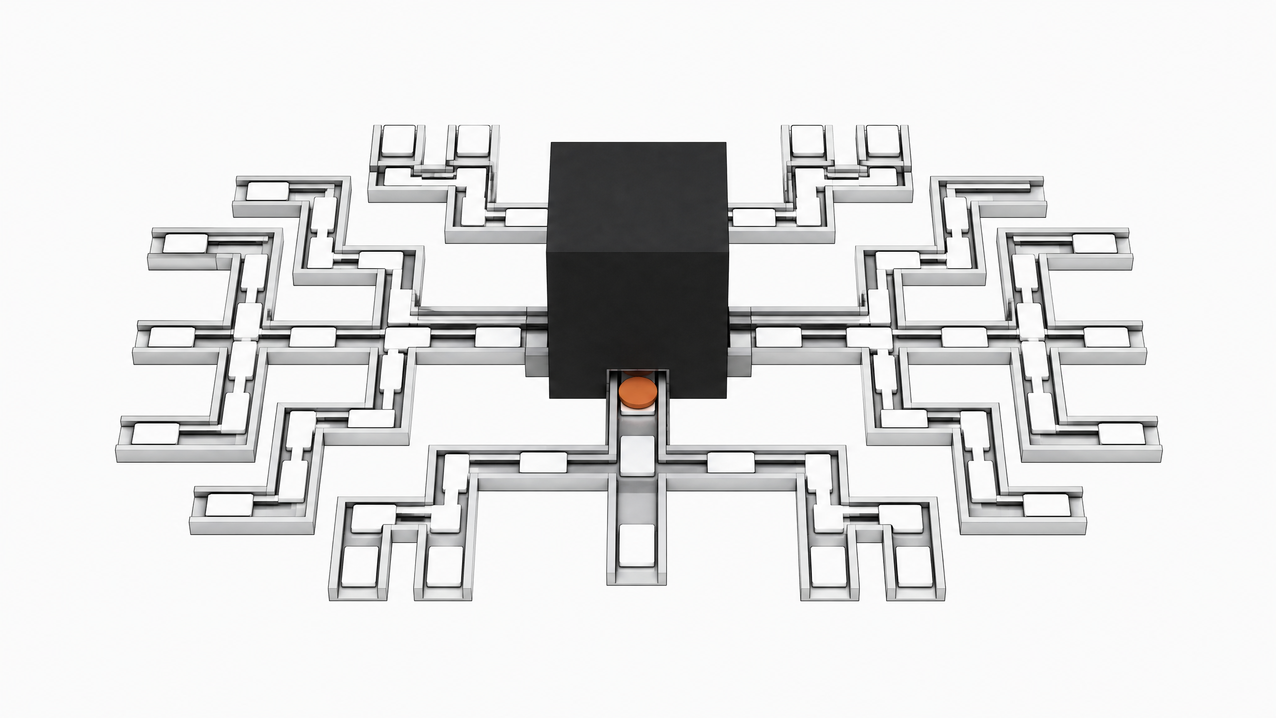 A sealed central processing block routing blank unlabelled plates along an exposed structural track network, representing an automated AI decision branching system.