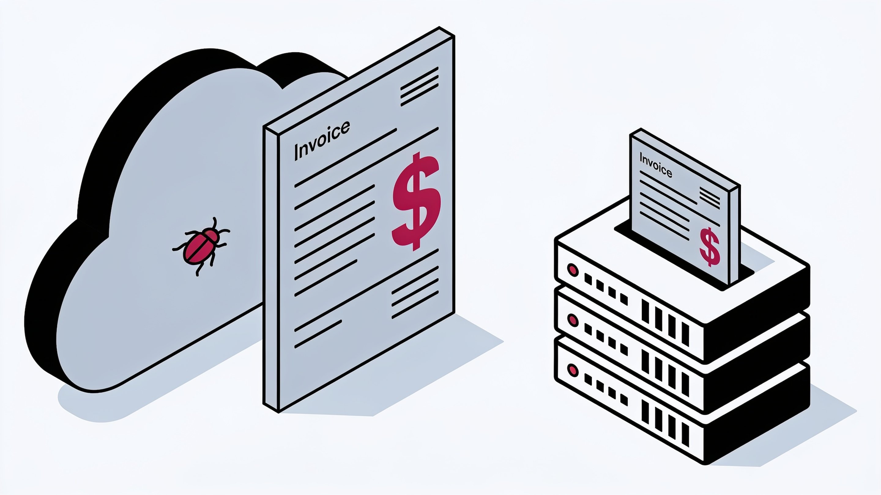 Minimal ink and crimson illustration of a solid server rack beside a cracked cloud icon leaking dollar signs upward like an uncontrolled meter