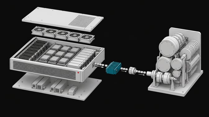 An exploded hardware view of a self-hosted server chassis routing data internally to bypass an external API usage-metering apparatus.