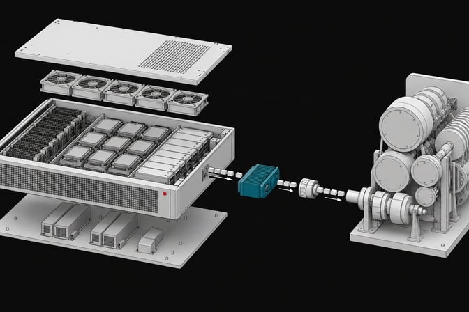 An exploded hardware view of a self-hosted server chassis routing data internally to bypass an external API usage-metering apparatus.