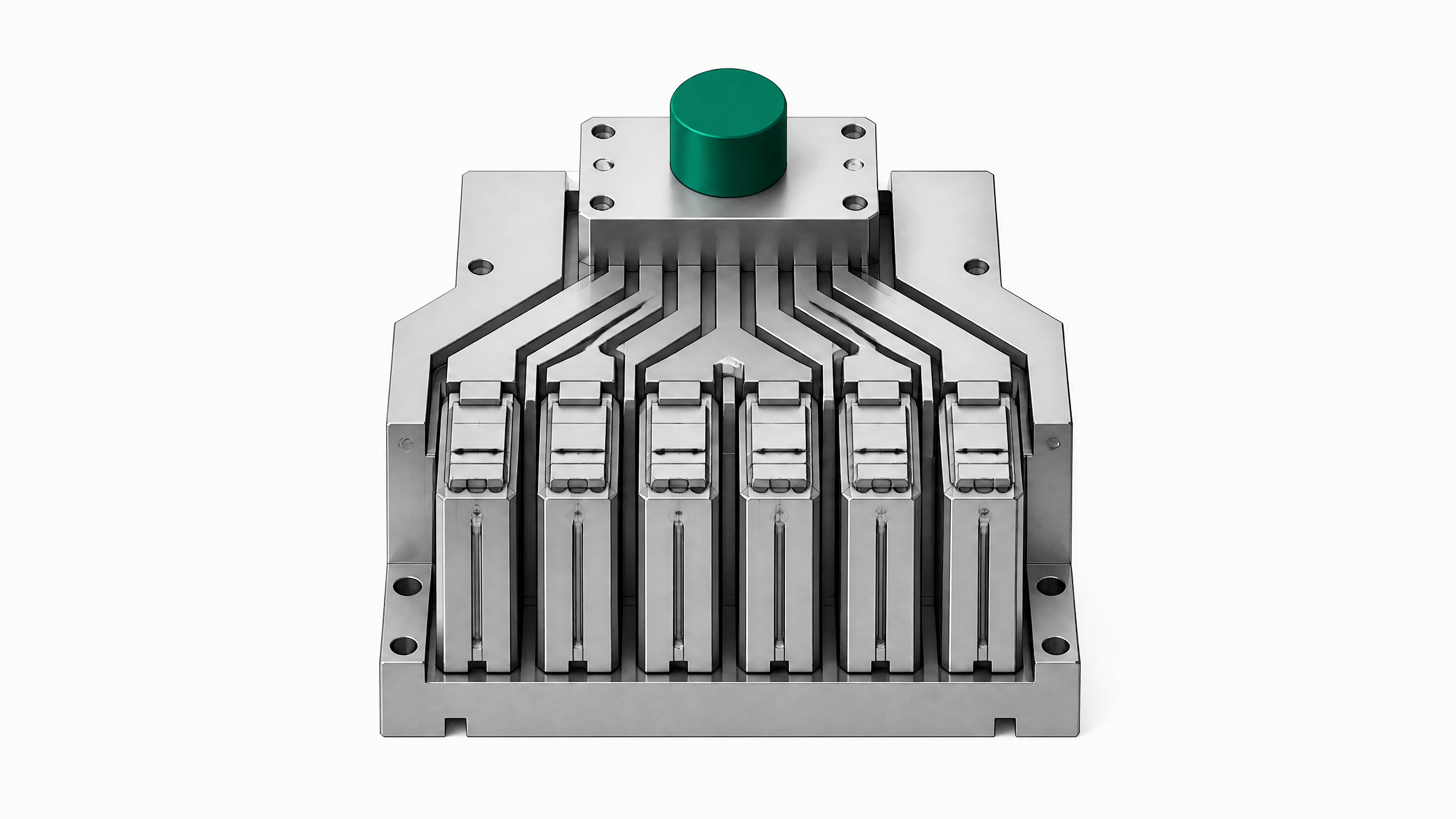An abstract hardware representation of an AI agent multiplexer, showing a single centralized control node distributing out to a row of identical processing cartridges.