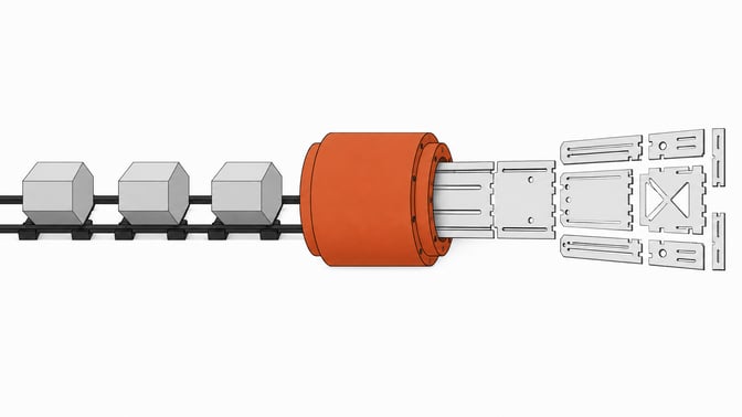 A precision extrusion die converting solid geometric blocks into complex, interlocking interface panels, representing the Fable 5.1 F-sharp to JavaScript compilation pipeline for internal tools.