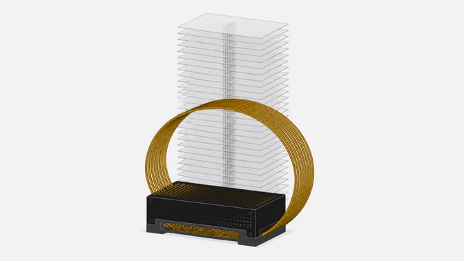 A single processing block with a continuous track looping back into itself stands in front of a tall, transparent stack of multiple layers, illustrating a looped transformer.