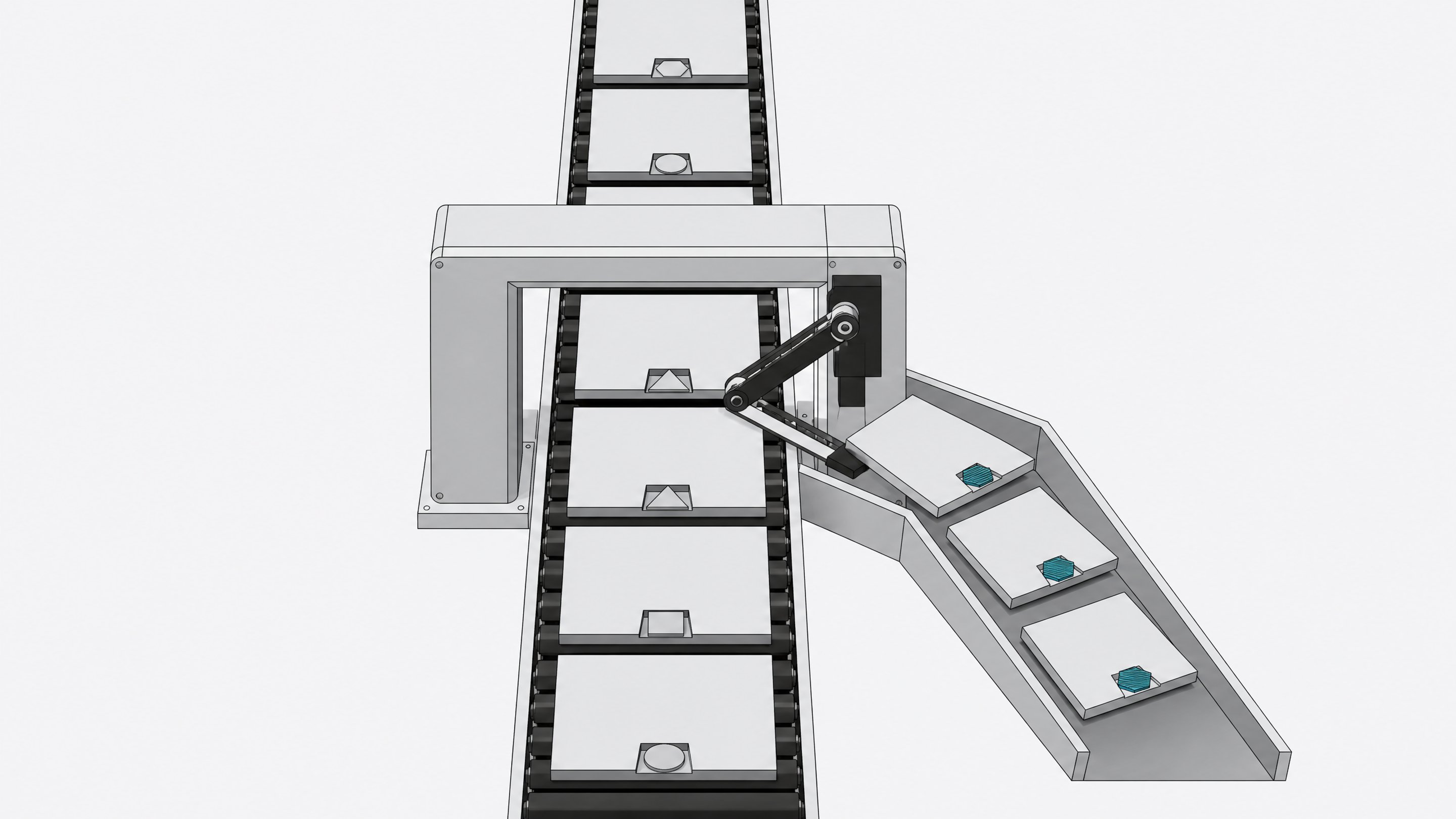 A continuous sorting conveyor uses a diverter arm to physically separate specific rectangular video panels into a side chute based on their metadata tokens, leaving a filtered main feed.