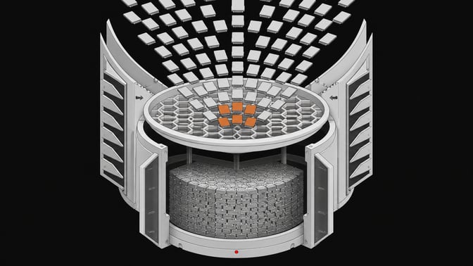An exploded view of a one-way mechanical data manifold pulling scattered memory cards through an intake screen into a dense central core, illustrating an automated web-scraping pipeline.