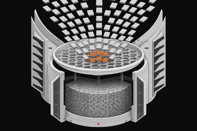 An exploded view of a one-way mechanical data manifold pulling scattered memory cards through an intake screen into a dense central core, illustrating an automated web-scraping pipeline.
