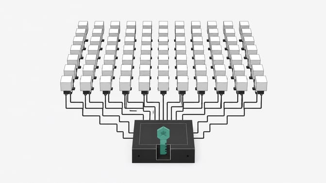 A central orchestration framework hardware block connecting to a vast, uniform grid of identical automated processing modules.