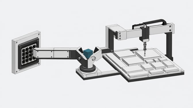 A routing switch diverts a data block toward either an enclosed multi-pin hardware socket or an overhead mechanical gantry pressing onto flat interface panels, contrasting API automation with browser-level UI navigation.