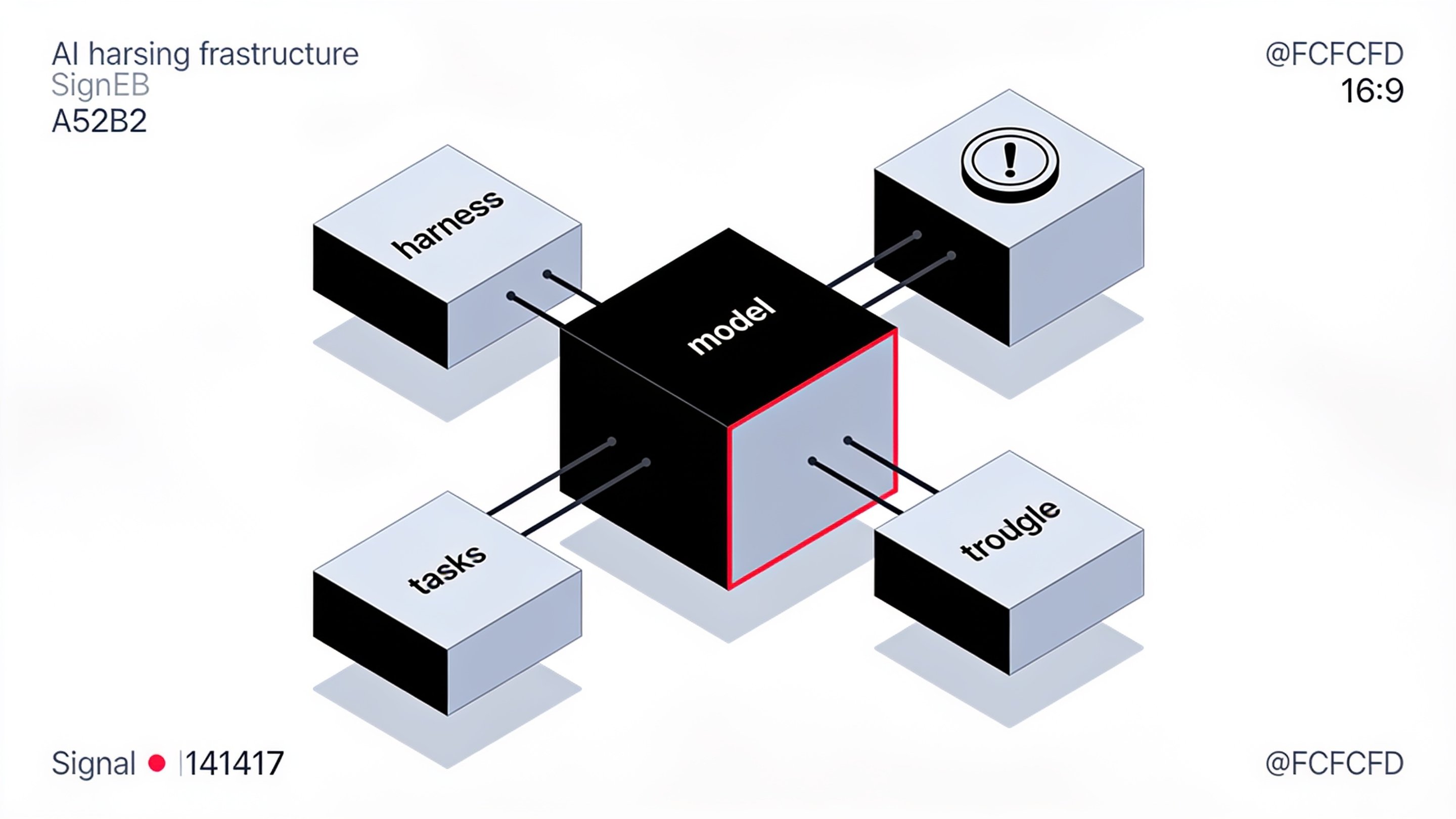 A minimal vector illustration of a mechanical harness of straps and buckles wrapped around a glowing neural-network orb, connected to smaller modules representing embeddings, reranking, and generation