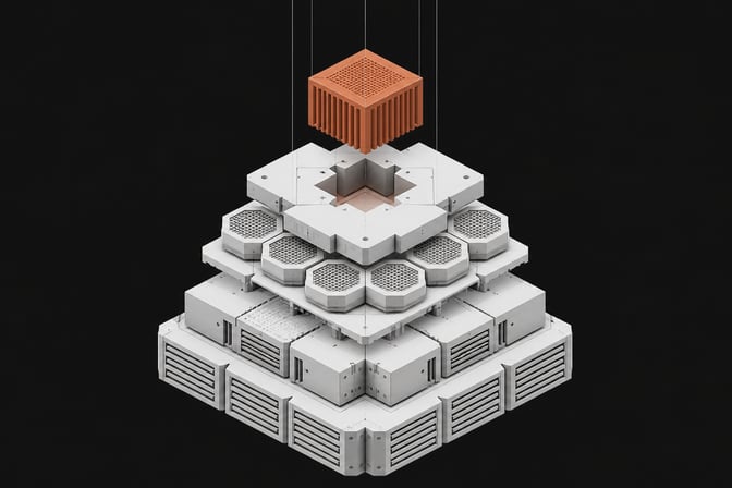 A geometric, layered stack of unlabelled technical components representing a modular database architecture, with a new component block sliding into the top tier.