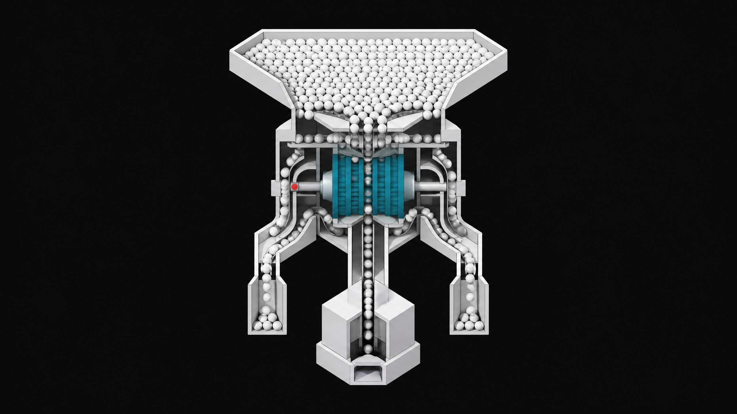 A cutaway view of a mechanical intake manifold using architectural baffles and rotary valves to filter a massive volume of unmarked spheres into a single, regulated sequence, representing an API rate-limiting gateway.