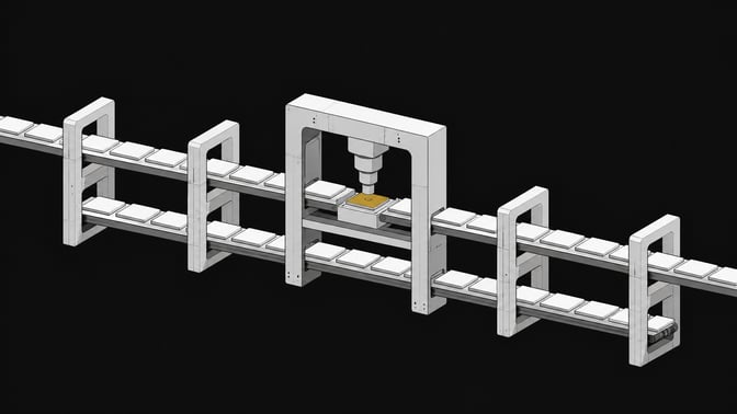A sequence of unlabelled rectangular plates passing through an automated structural scanning archway, representing a targeted code review pipeline and acceptance gate.