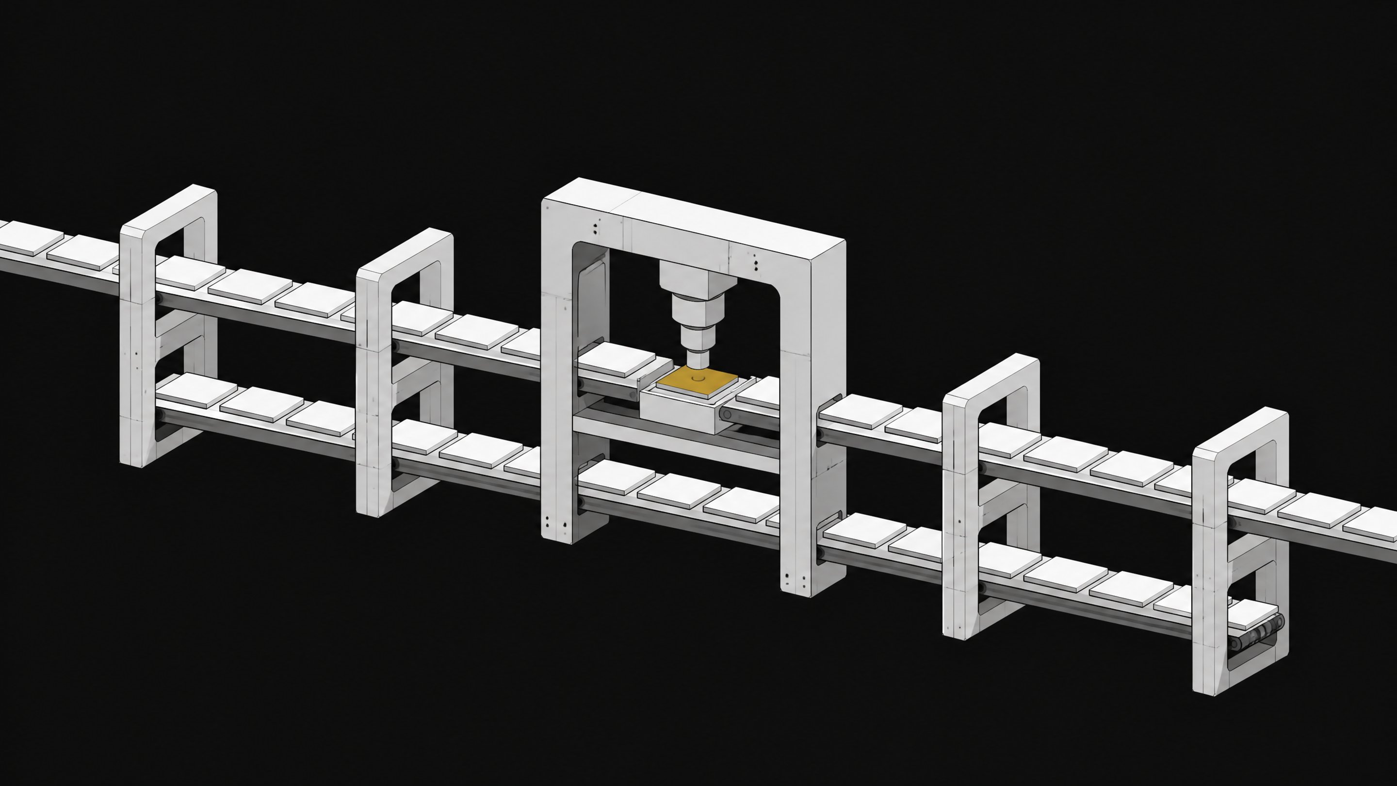 A sequence of unlabelled rectangular plates passing through an automated structural scanning archway, representing a targeted code review pipeline and acceptance gate.