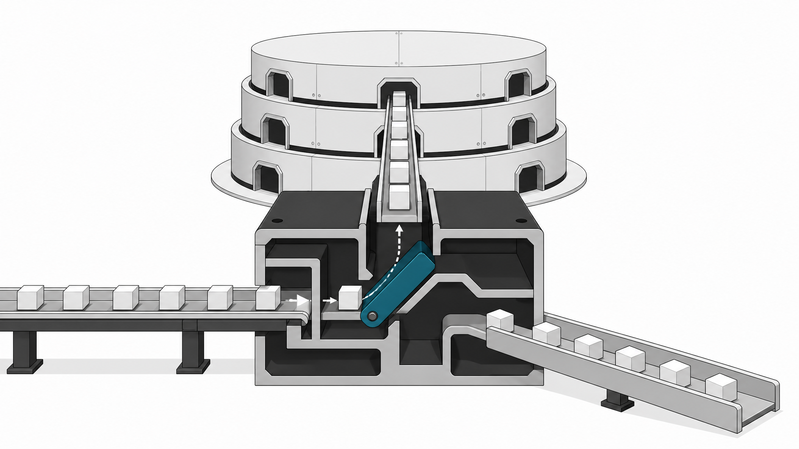 A mechanical filtration block routing and sorting blank cuboid tokens before they enter a cylindrical storage manifold, representing a database access proxy for automated agents.