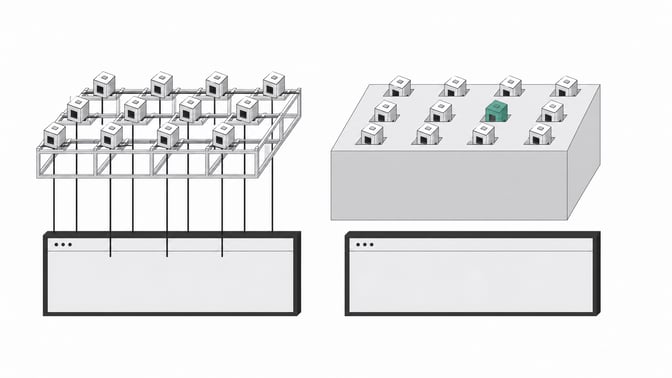 A structural comparison showing open plugin modules connecting directly to a window frame on the left, while identical modules on the right are blocked by a solid, opaque layer, representing the restricted browser extension architecture of Manifest V3.