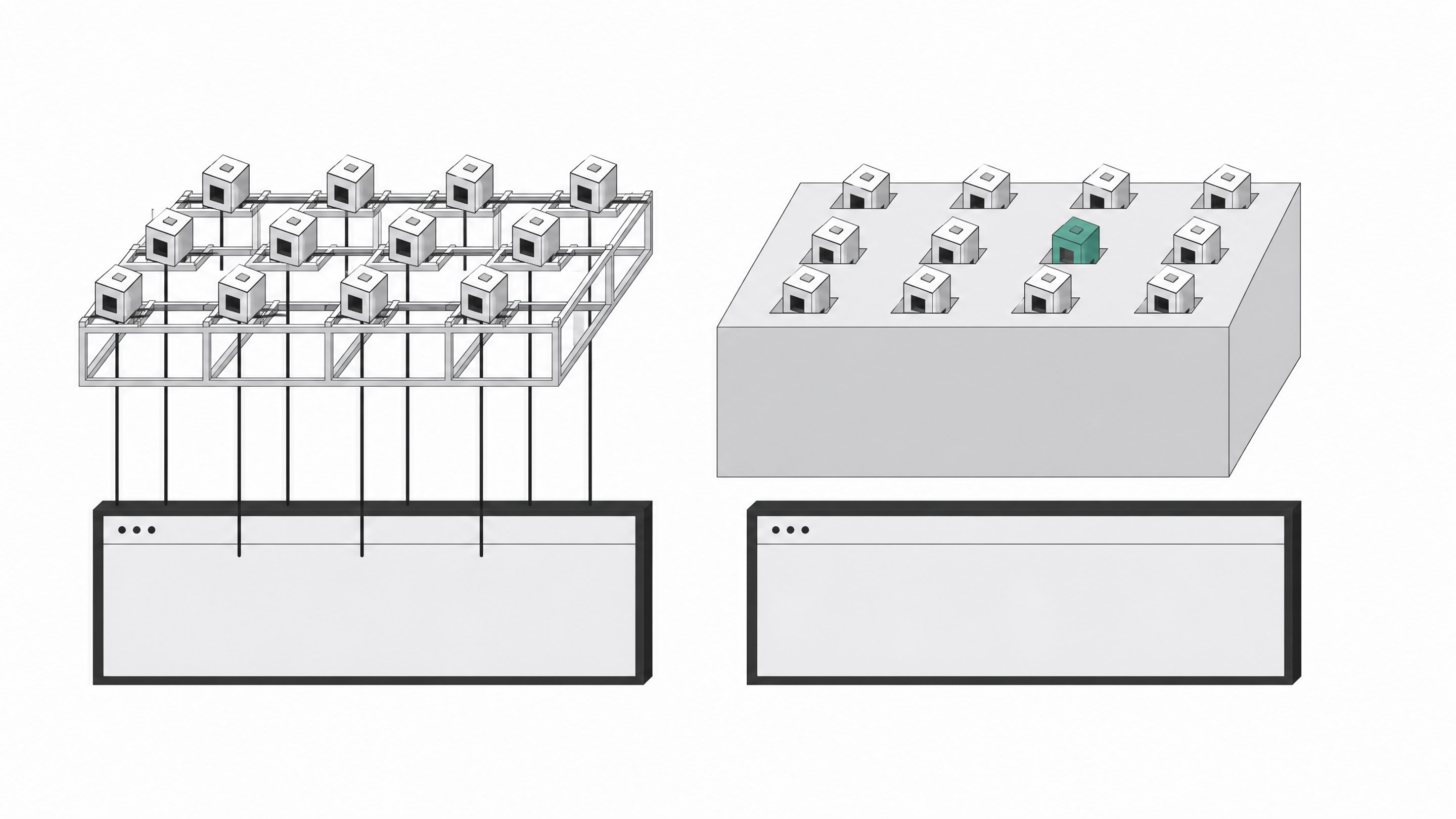 A structural comparison showing open plugin modules connecting directly to a window frame on the left, while identical modules on the right are blocked by a solid, opaque layer, representing the restricted browser extension architecture of Manifest V3.