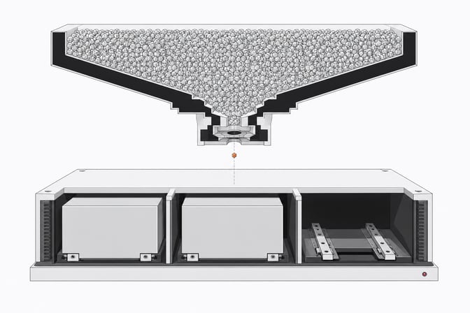 A hardware cutaway showing a massive flow of microscopic token chips funneling into a heavy base partitioned into three oversized, fixed per-seat software modules.