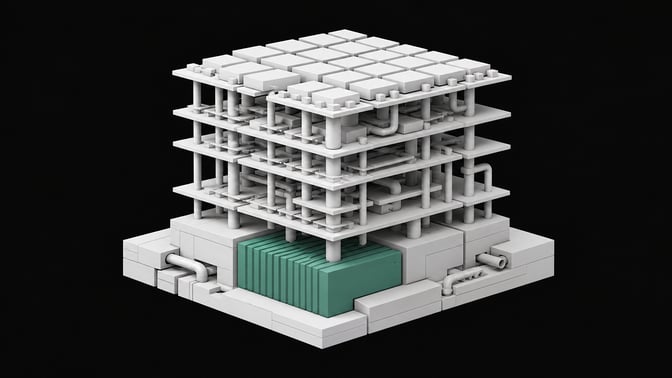 An architectural model of a software stack and package dependency graph showing a strong structural foundation supporting higher layers.