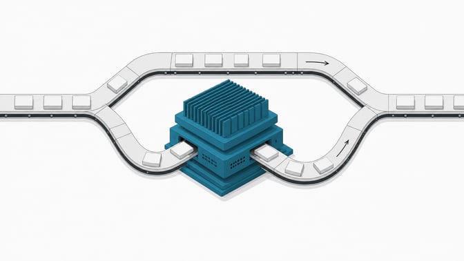 A physical routing system diverting blank data tokens from an external perimeter path into a centralized, local AI inference processing module.