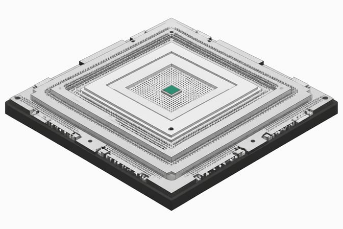 A massively oversized processor module housing a tiny, solitary logic die, illustrating severe bloat and underutilization in AI compute stacks.