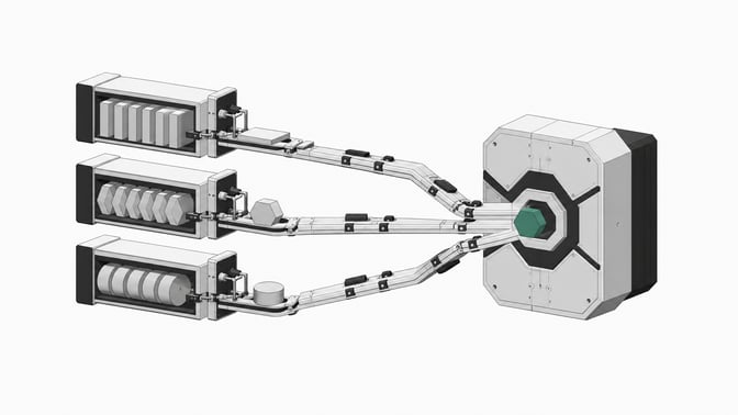 A mechanical routing manifold extracting distinct geometric tokens from three tiered storage racks and funneling them into a single intake port, illustrating an AI data connector system.