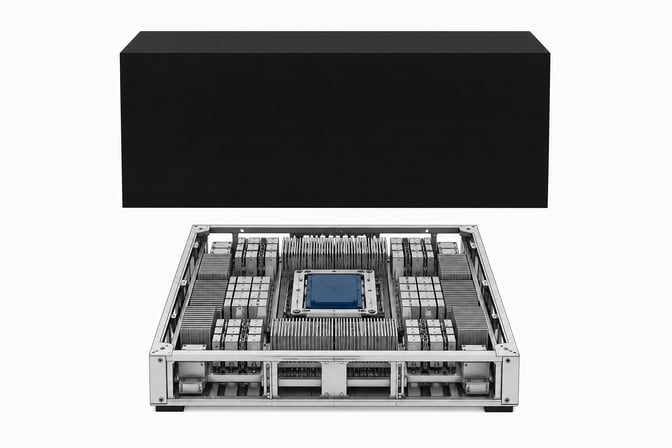 An opaque, sealed monolith suspended above an open, structurally legible local hardware chassis holding a central compute module.