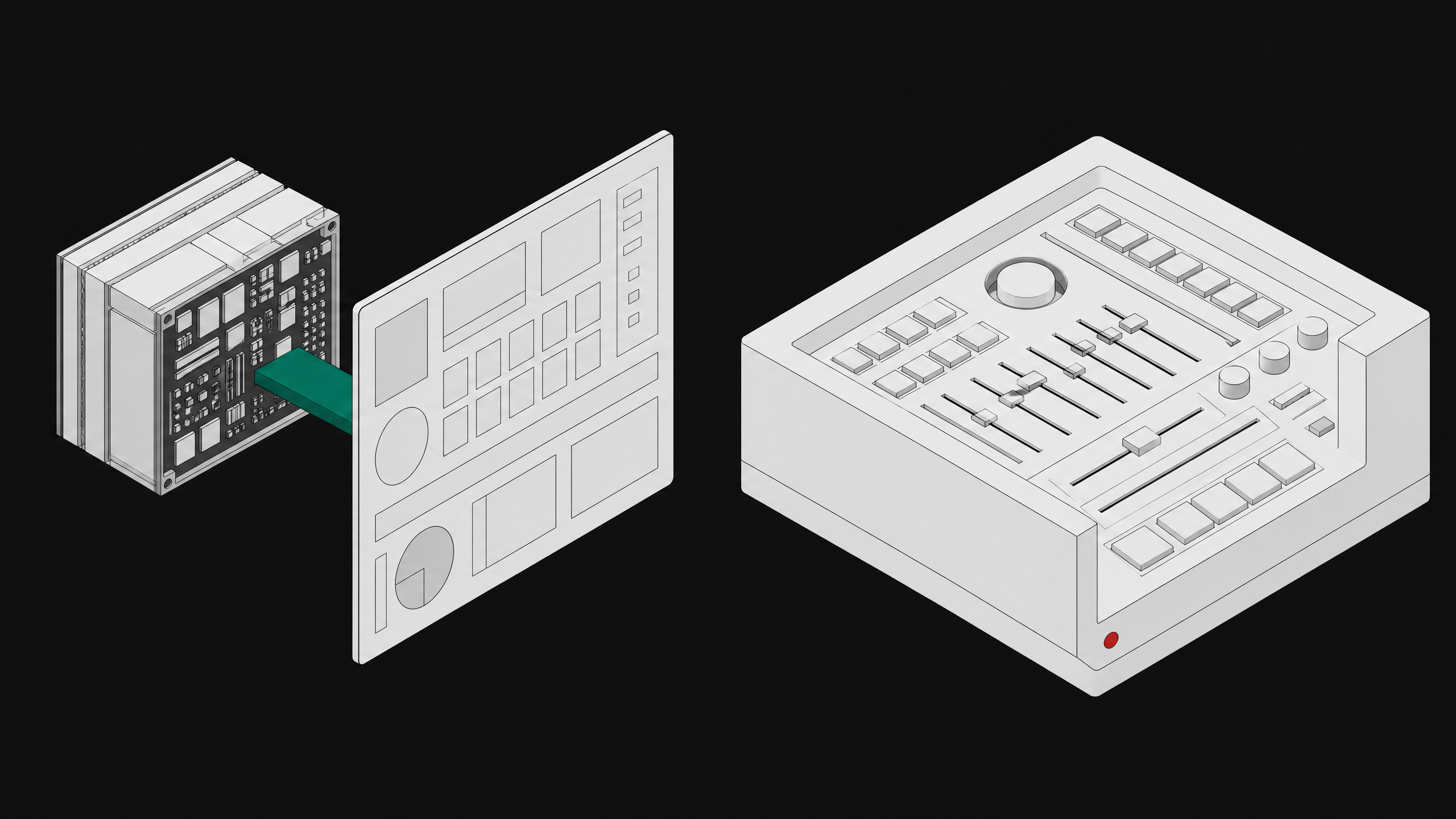 Two contrasting modular hardware architectures side-by-side, one a compact core bridged to an external display pane, the other a dense monolithic block with integrated physical controls, representing Tauri and Tcl/Tk desktop frameworks.
