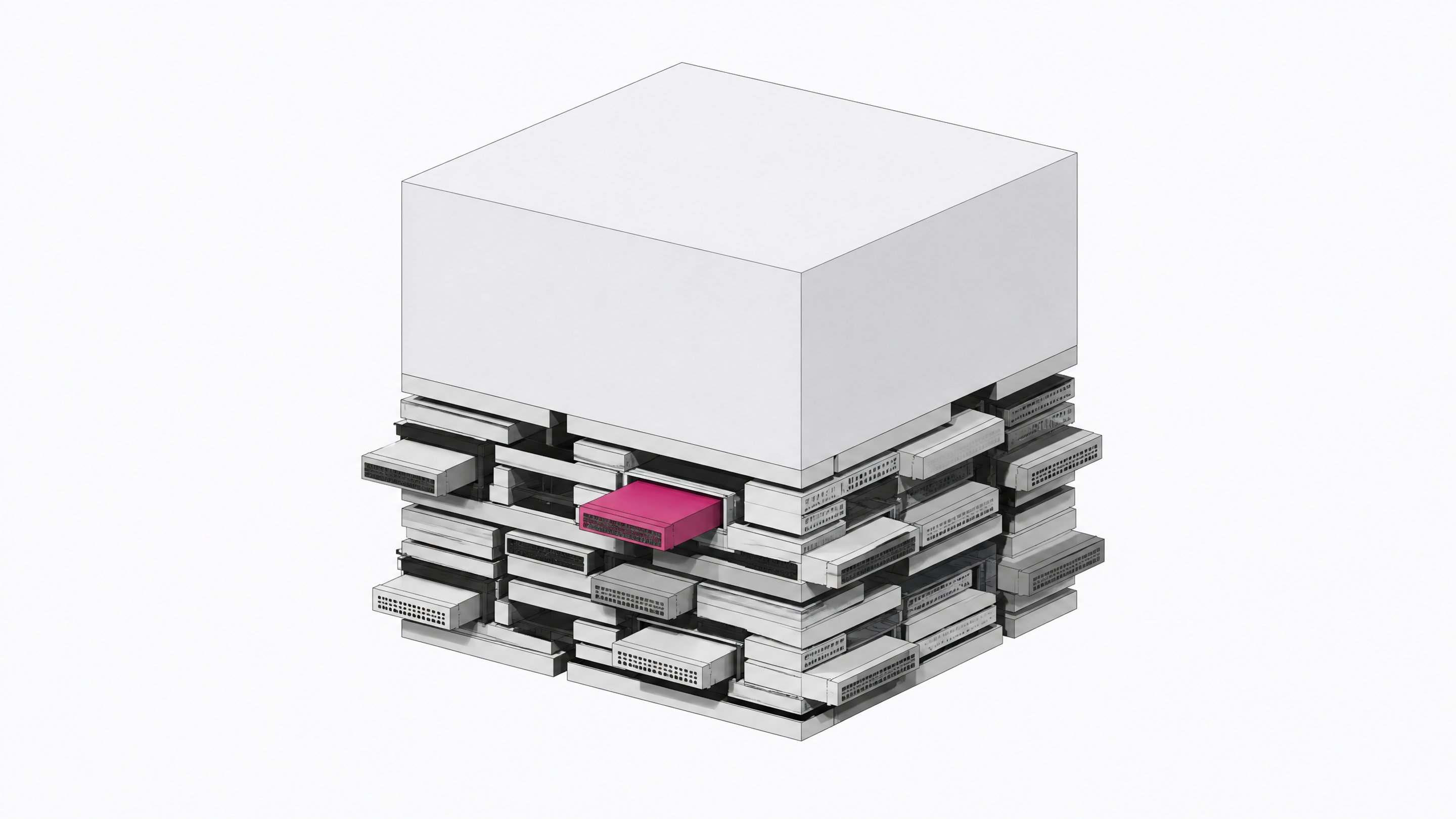 A large, uniform application block supported structurally from below by a complex, asymmetrical layer of inserted memory plates and configuration cartridges.