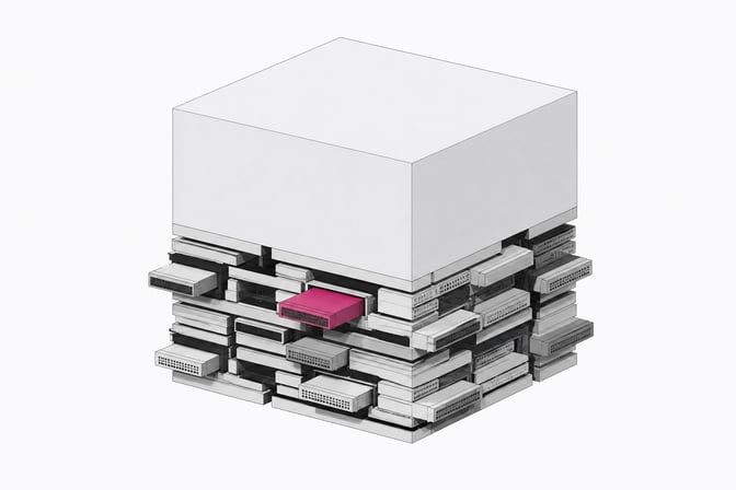 A large, uniform application block supported structurally from below by a complex, asymmetrical layer of inserted memory plates and configuration cartridges.
