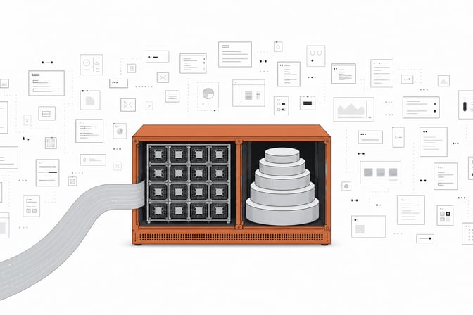 A single, consolidated local computing appliance with internal processing and database structures positioned squarely in front of a sprawling grid of disconnected external tool modules.
