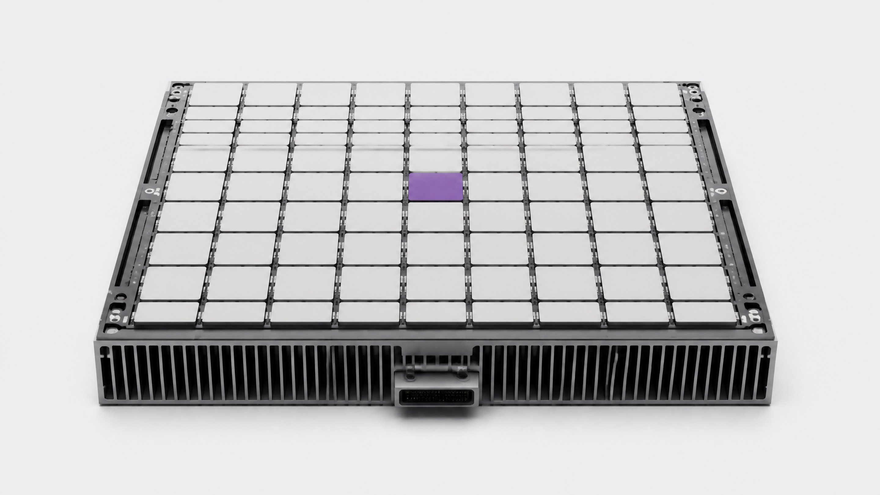 A massive, heavy artificial intelligence accelerator blade and cooling assembly featuring an orderly grid of processing dies.