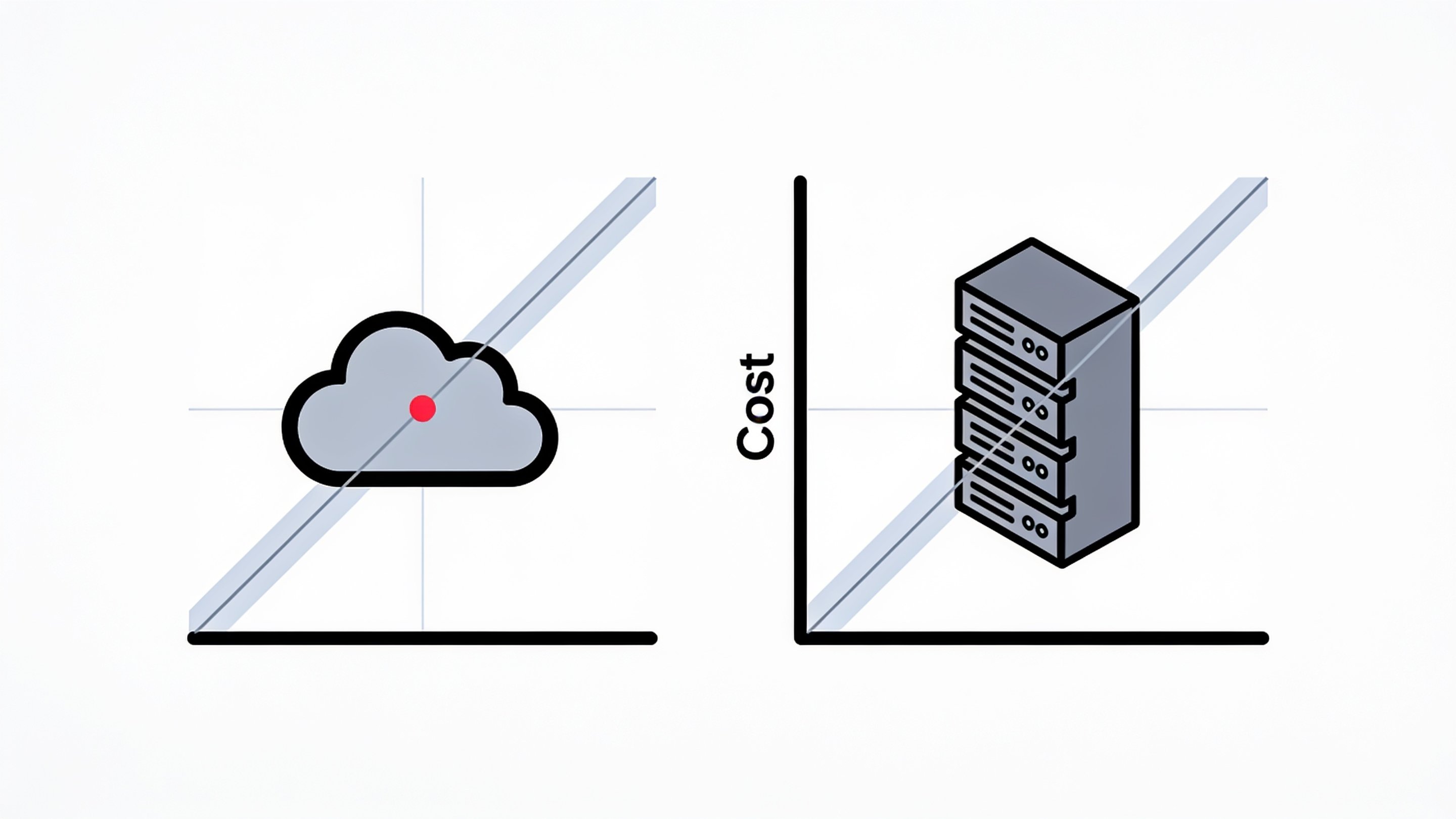 Minimal ink-and-crimson illustration contrasting a tower of tokens draining into a cloud with a solid glowing server box, representing rented API tokens versus owned local hardware