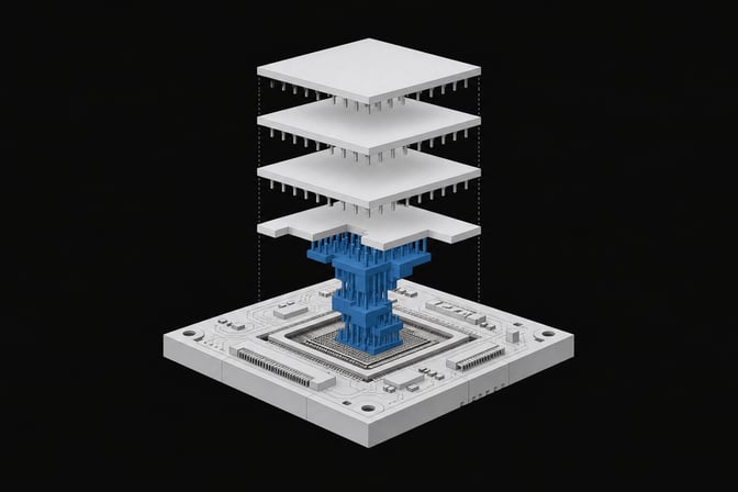 An isometric architectural model demonstrating a firmware pin-grid bridge selectively blocking standard software plates from seating into a hardware device base.