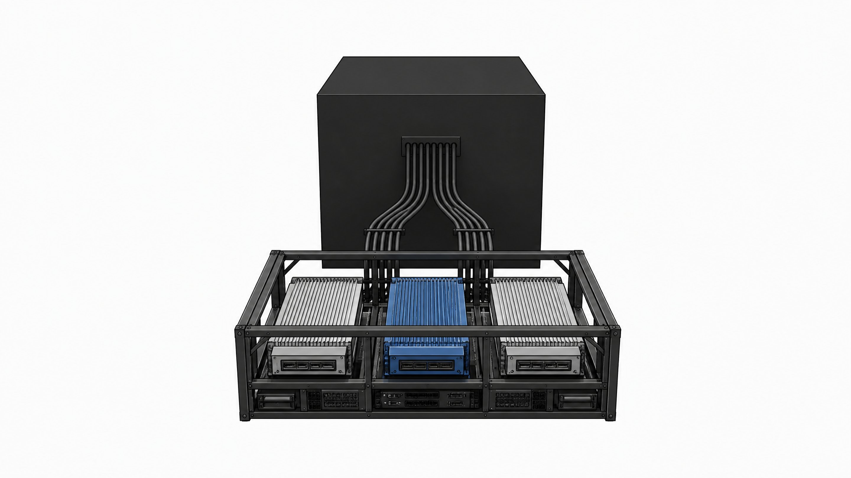 An exposed, modular hardware chassis syncs via physical conduits to a large, sealed opaque monolith, representing local-first architecture and sync tooling contrasting with closed SaaS.