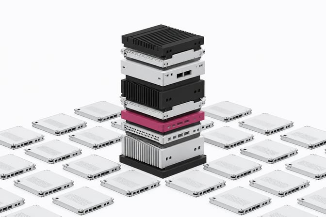 A towering stack of diverse, interlocking hardware modules rising from a grid of identical components to represent a custom-built infrastructure stack.