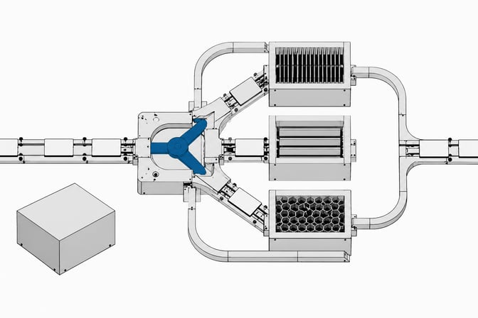 A central routing manifold sorting blank data plates into three distinct, specialized processing bays and one fallback bypass rail, representing a multi-agent AI architecture.