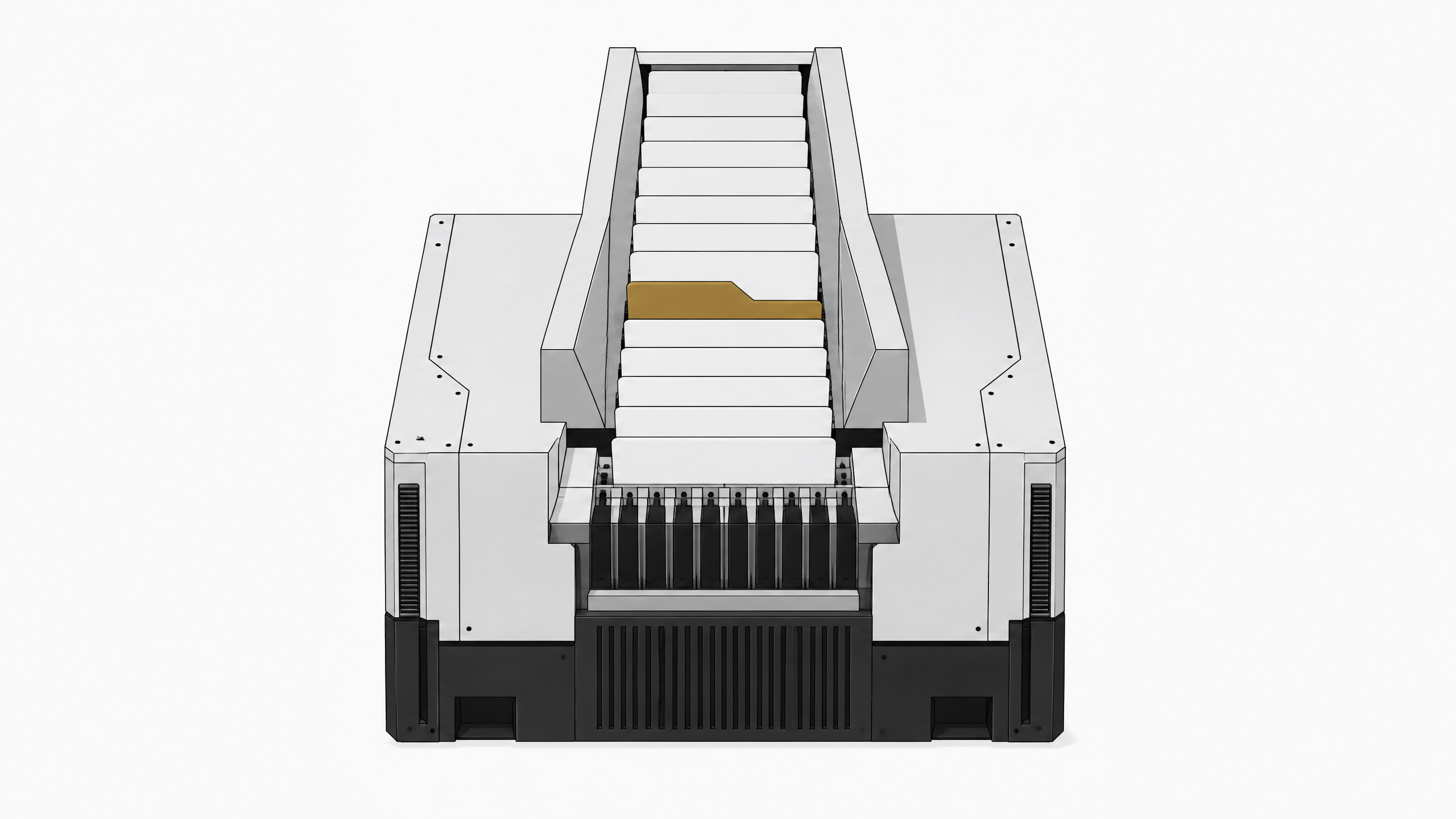 A high-speed computing chute ingesting blank data plates, featuring one structurally misaligned plate to represent vulnerabilities generated by autonomous AI coding assistants.