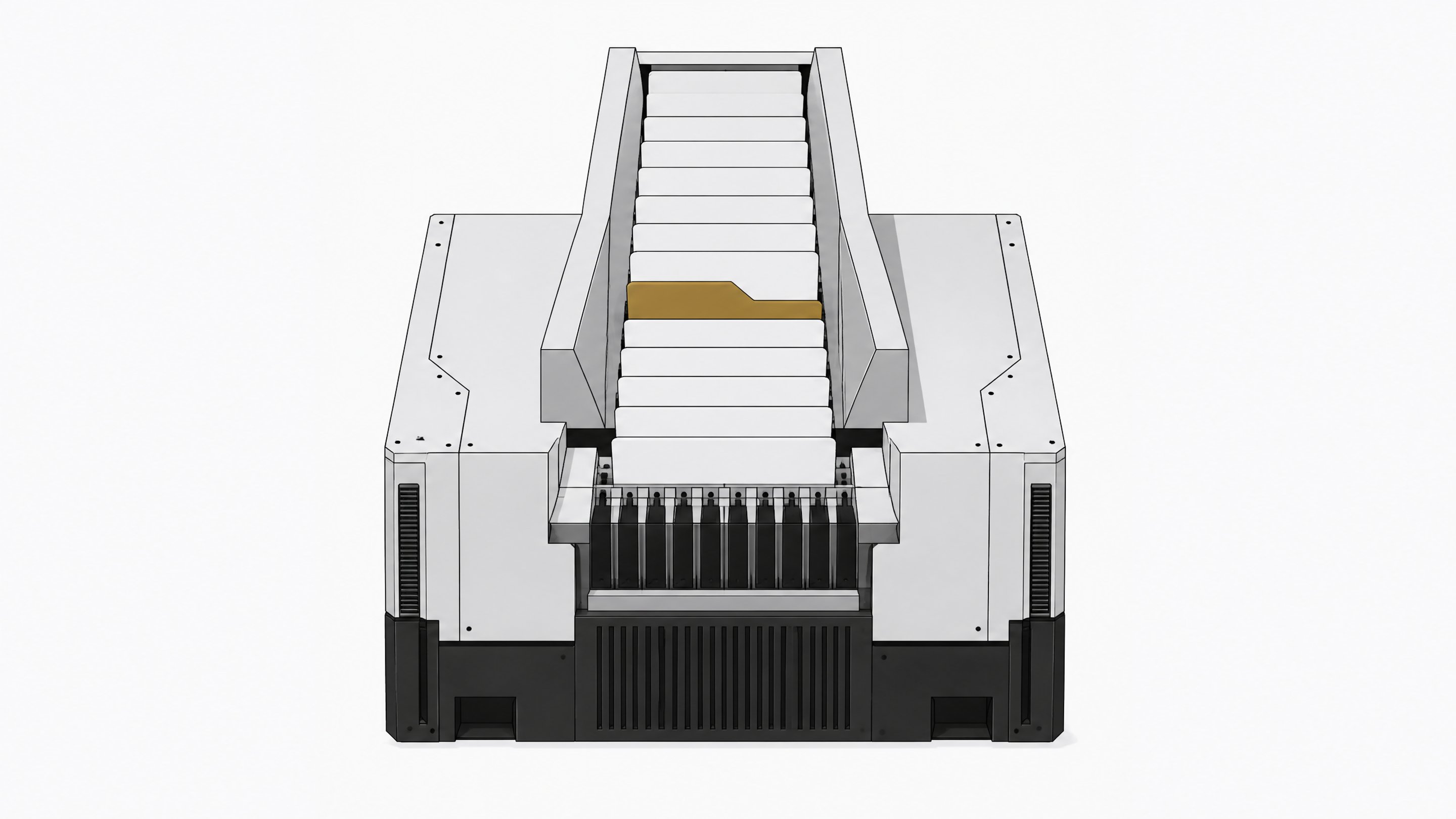 A high-speed computing chute ingesting blank data plates, featuring one structurally misaligned plate to represent vulnerabilities generated by autonomous AI coding assistants.