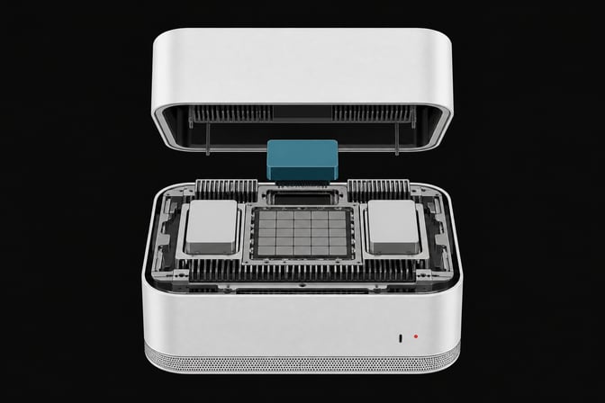 An exploded view of a rounded desktop computer chassis revealing internal unified processing chips and modular AI agent cartridges.