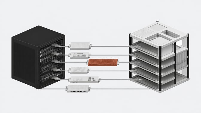 An illustration of extracting distinct behavioral and knowledge components from a single AI configuration block and seating them into a multi-tiered application scaffold.