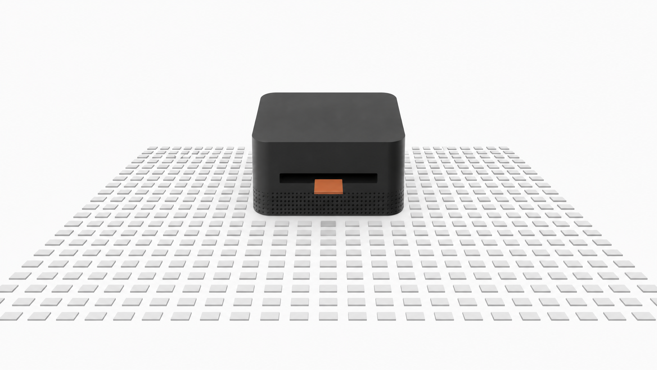 A thick, square desktop computer sits at the center of a vast, precise grid of small blank tiles, with a single accented tile entering its front slot to represent a local AI inference query.