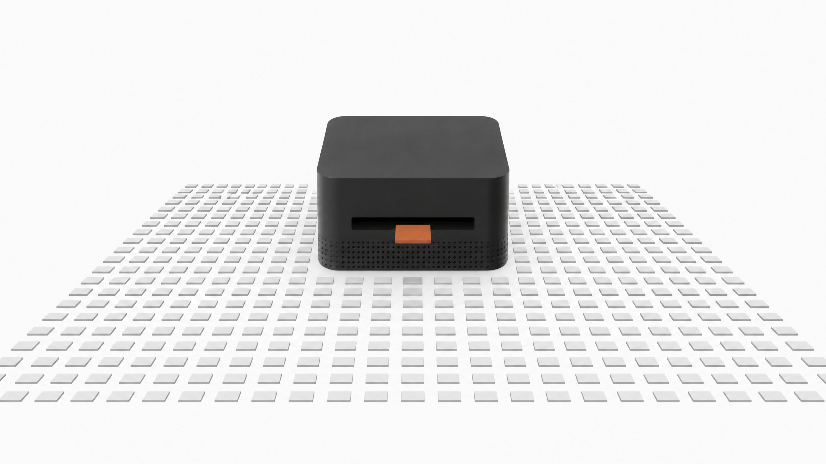 A thick, square desktop computer sits at the center of a vast, precise grid of small blank tiles, with a single accented tile entering its front slot to represent a local AI inference query.